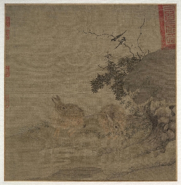 明 李鄘 山鹊双兔图绢本35.6 x 42.6 CM