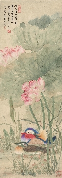 清 吴湖帆 荷花鸳鸯图轴纸本38x107cm
