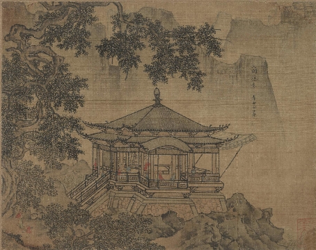 宋 李嵩 楼阁图绢本17.8 x 21CM