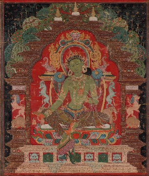 唐卡 绿塔拉座像绢本52.4 x 43.2CM