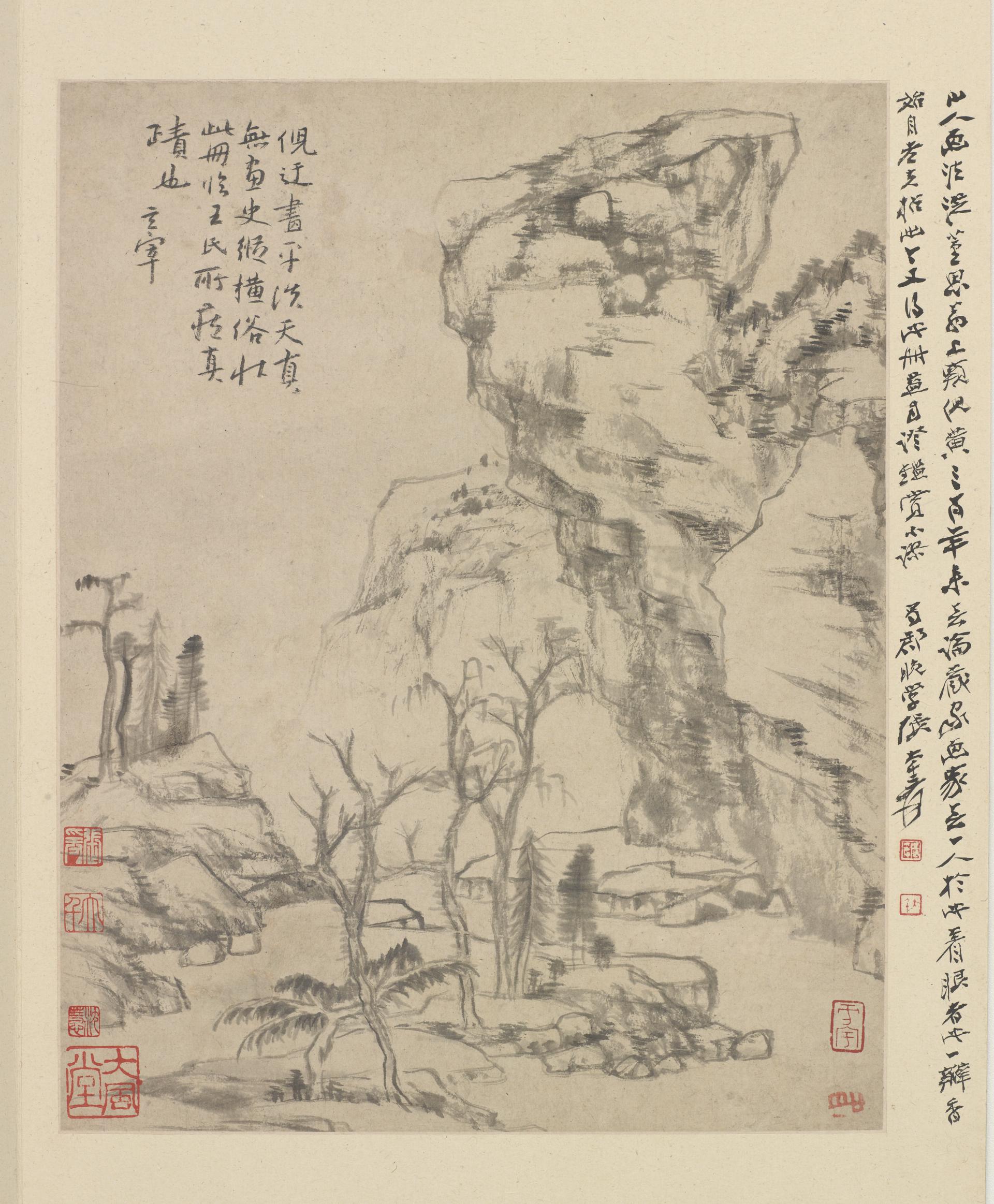 清 八大山人(朱耷) 仿古山水笔意画册3帧纸本50x40国画超高清大图原图扫描真迹全图书画图片下载