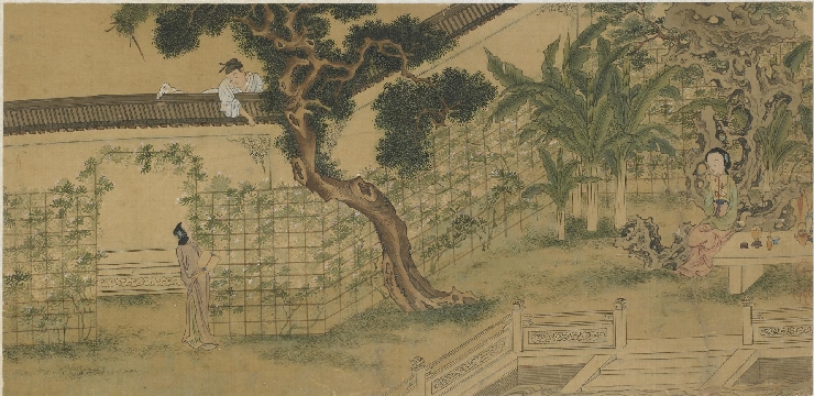 明 仇英款 西厢记图页绢本18.5x38