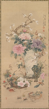 日本 明治时期 花卉图轴纸本1702 x 877cm