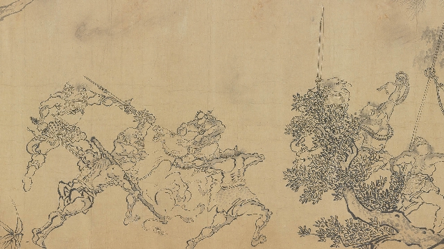 宋 李嵩款 二郎神搜山图卷纸本46.7x807.4