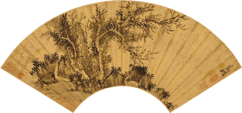 明 文徵明 文石乔木图扇面-24x51