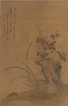 明 蒋廷锡 兰花月季图立轴纸本55x87