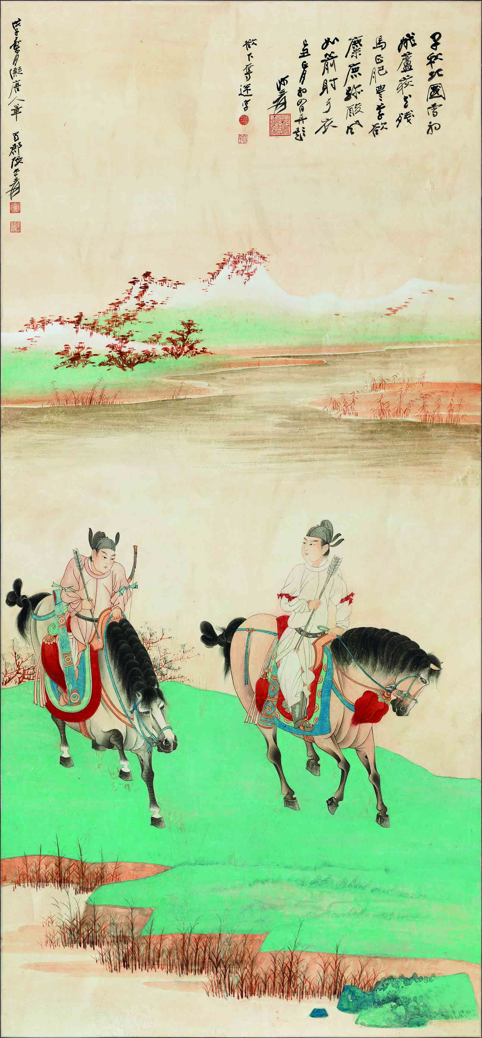 张大千 唐人行猎图 设色纸本 镜心 140×66 cm