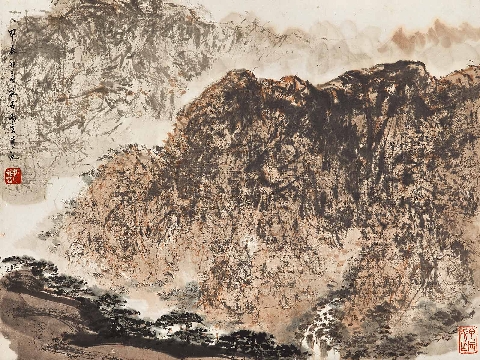 傅抱石松鹤观瀑设色纸立轴