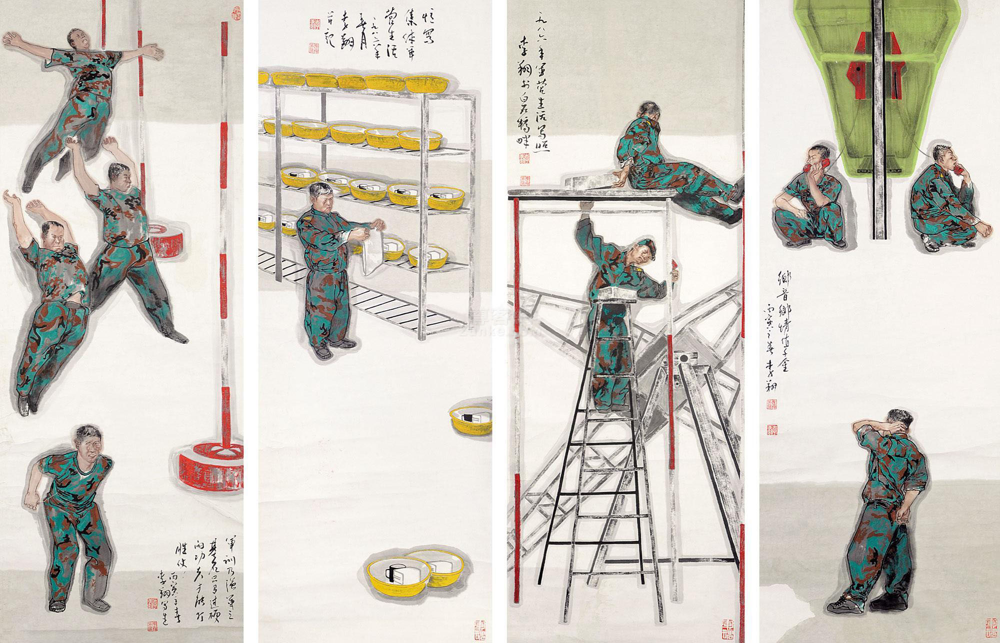 李翔作品欣赏李翔 军旅生活 立轴 设色纸本 李翔作品欣赏李翔 军旅生活 立轴 设色纸本