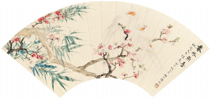 陆抑非 花鸟 扇片 纸本作品欣赏