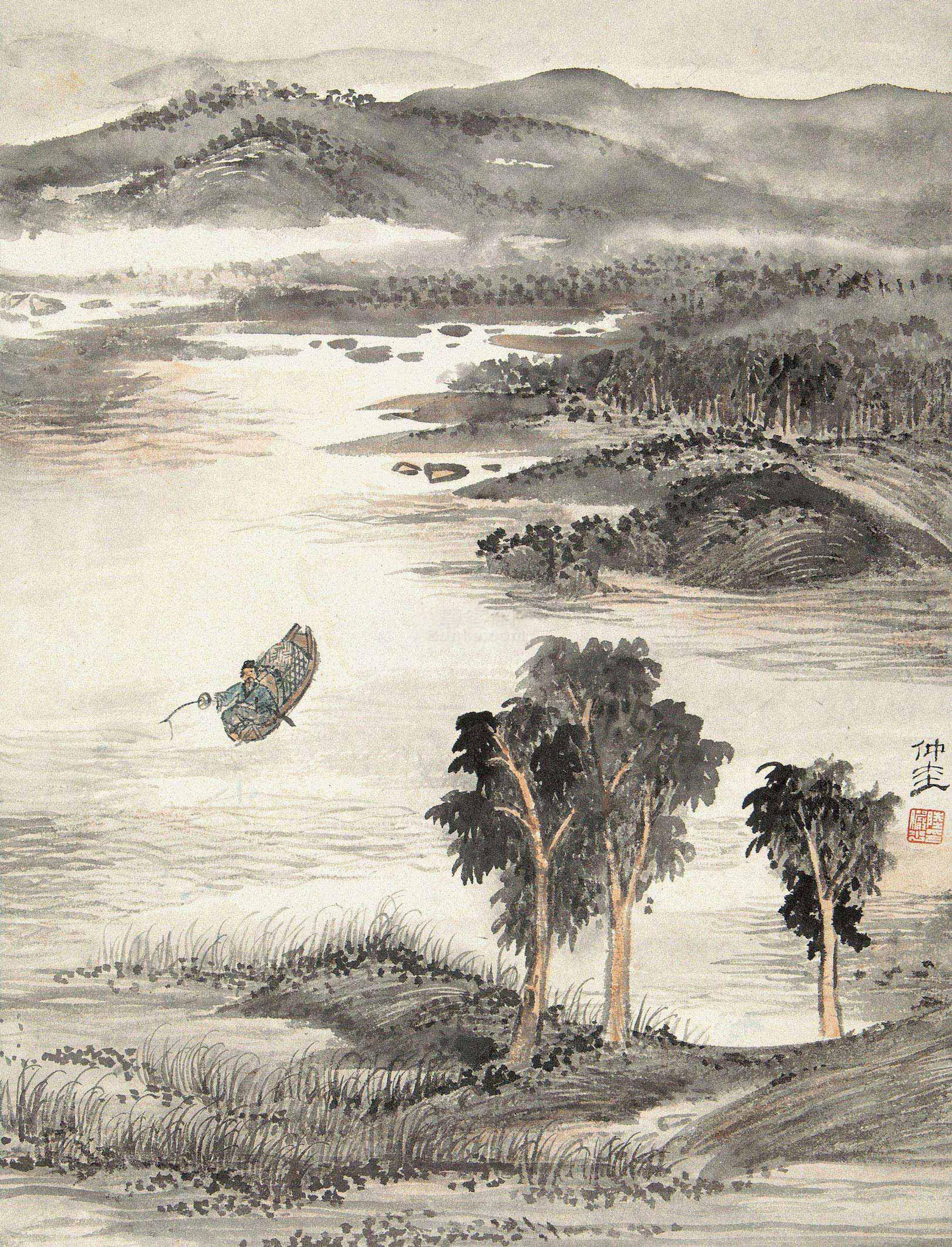 陆俨少陆俨少 秋江独钓 立轴 设色纸本陆俨少艺术作品大全