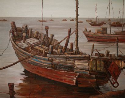 尹吉冰油画-渔船