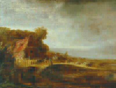 0032_油画古典风景_5_装饰画素材_Attributed_to_Govert_Flinck_-_Landscape_with_a_Farm_and_a_Bridge_1640__格沃特弗林克