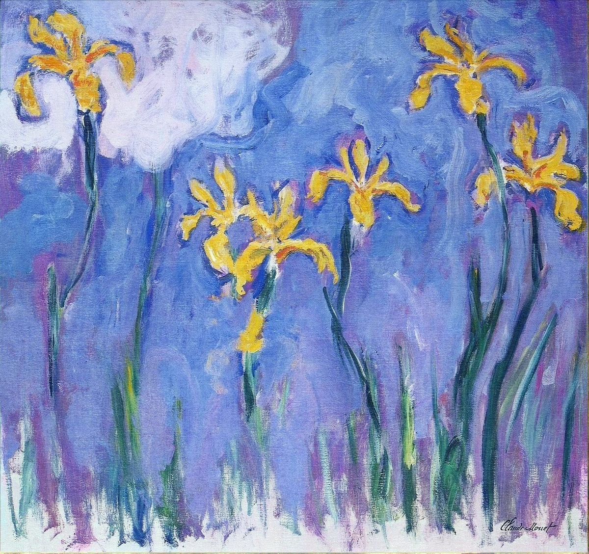 1235_莫奈高清油画绘画作品JPG格式_Claude_Monet_Paintings_-_1525_paintings_Yellow_Irises_with_Pink_Cloud_1914-17