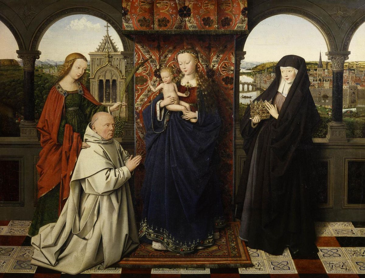 0011_扬凡艾克绘画作品集油画图集TIF_Jan_van_Eyck__and_Workshop__-_Virgin_and_Child_with_Saints_and_Donor_early_1440s
